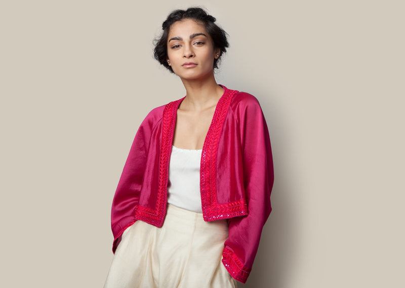 Embroidered Chanderi Jacket - Fuchsia
