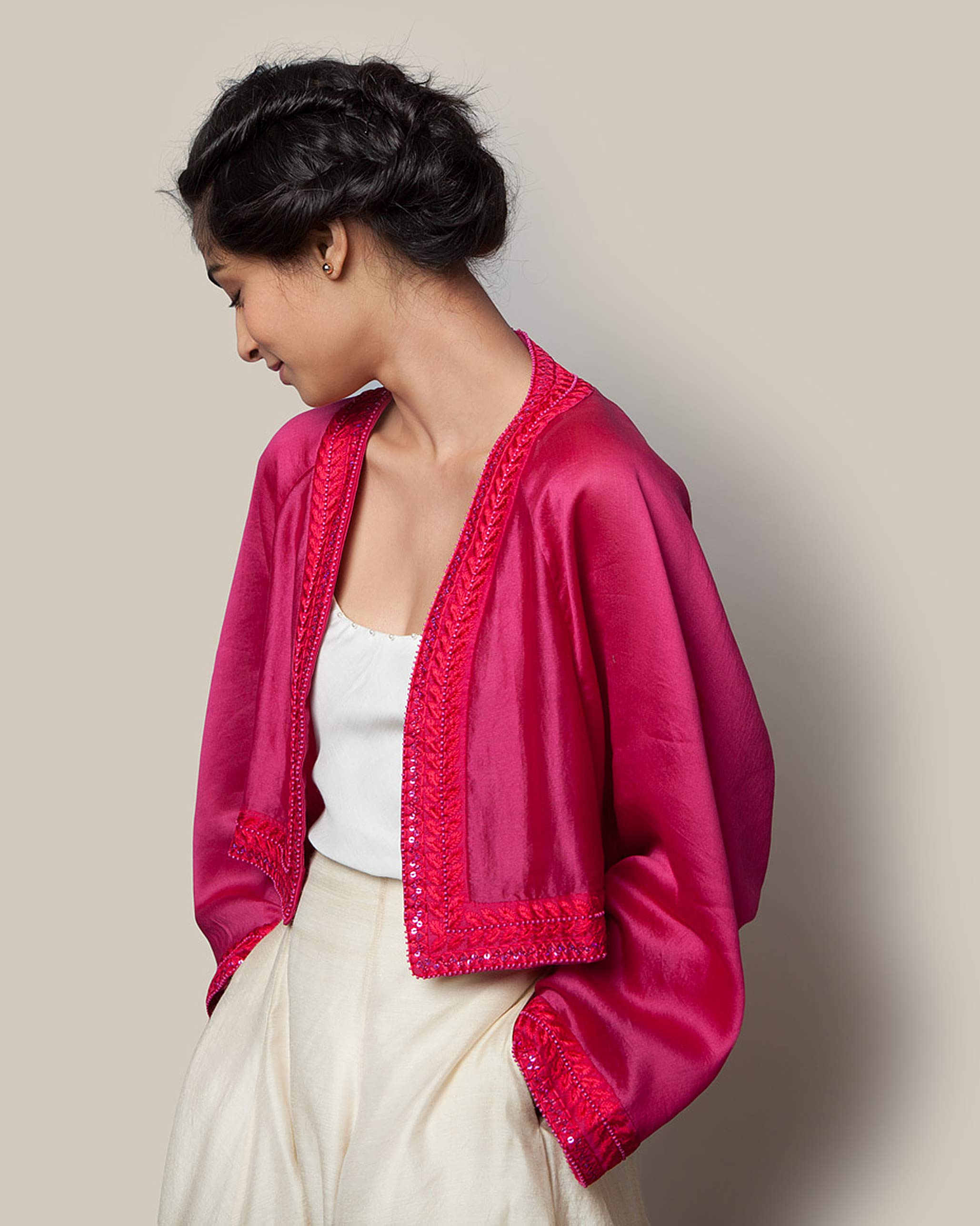 Embroidered Chanderi Jacket - Fuchsia