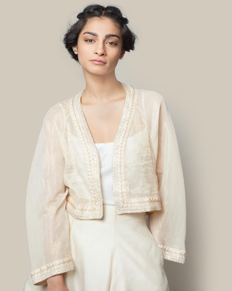 Embroidered Chanderi Jacket - Gold