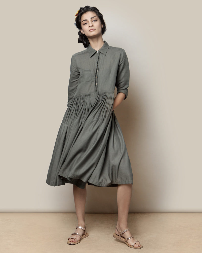 Pleated Shirt Dress - Charcoal