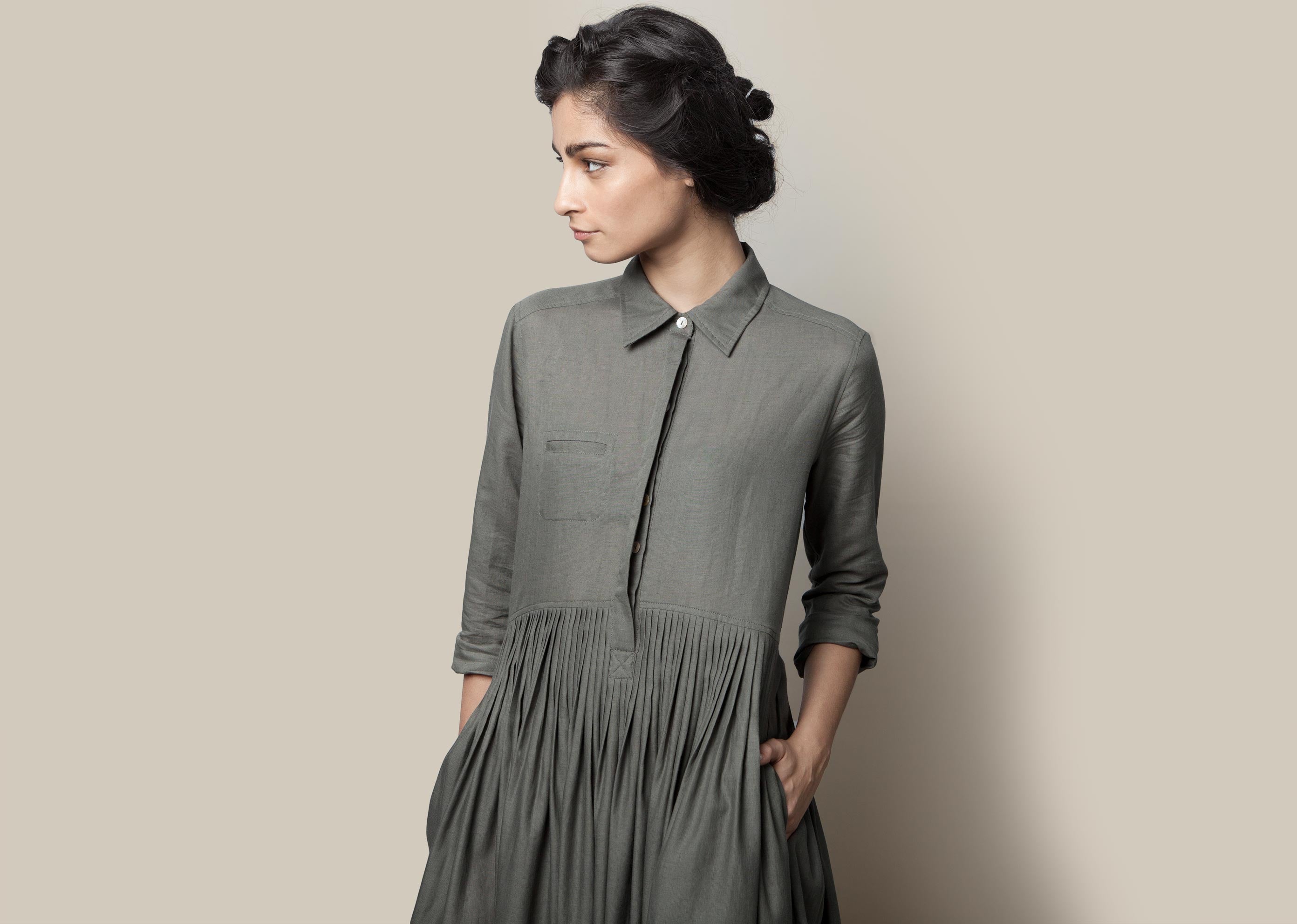 Pleated Shirt Dress - Charcoal