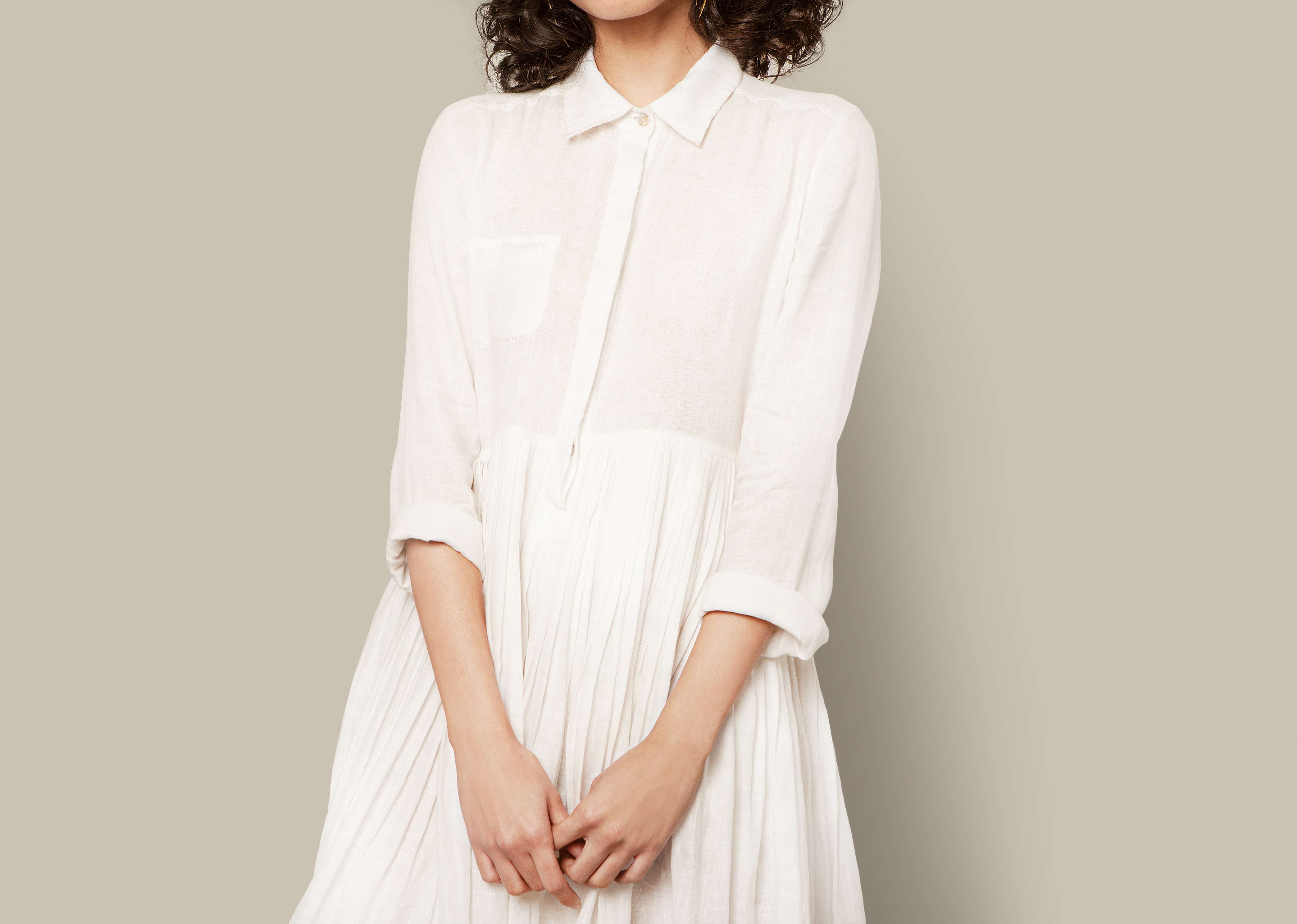 Pleated Shirt Dress - White