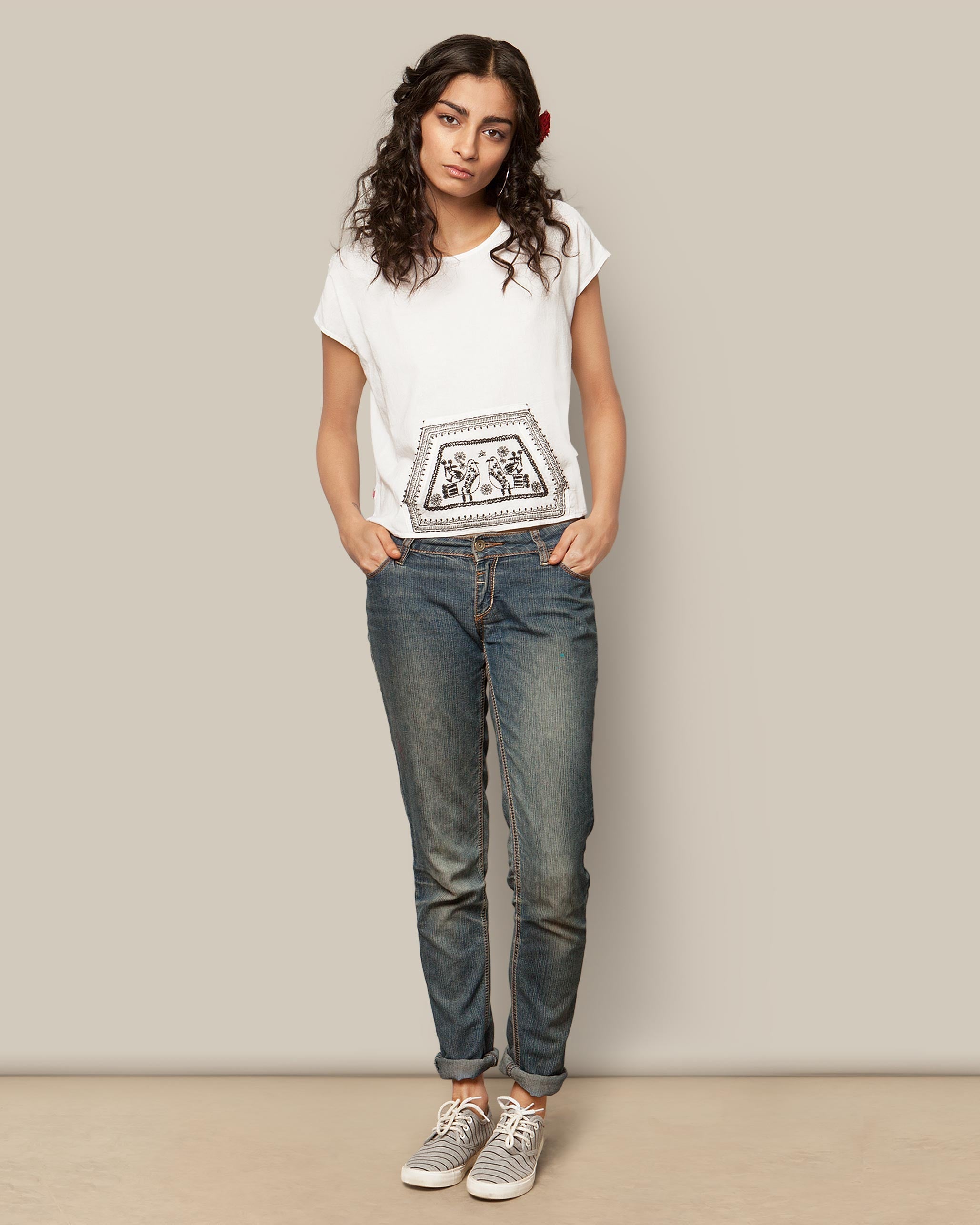 Embroidered Front-pocket Top