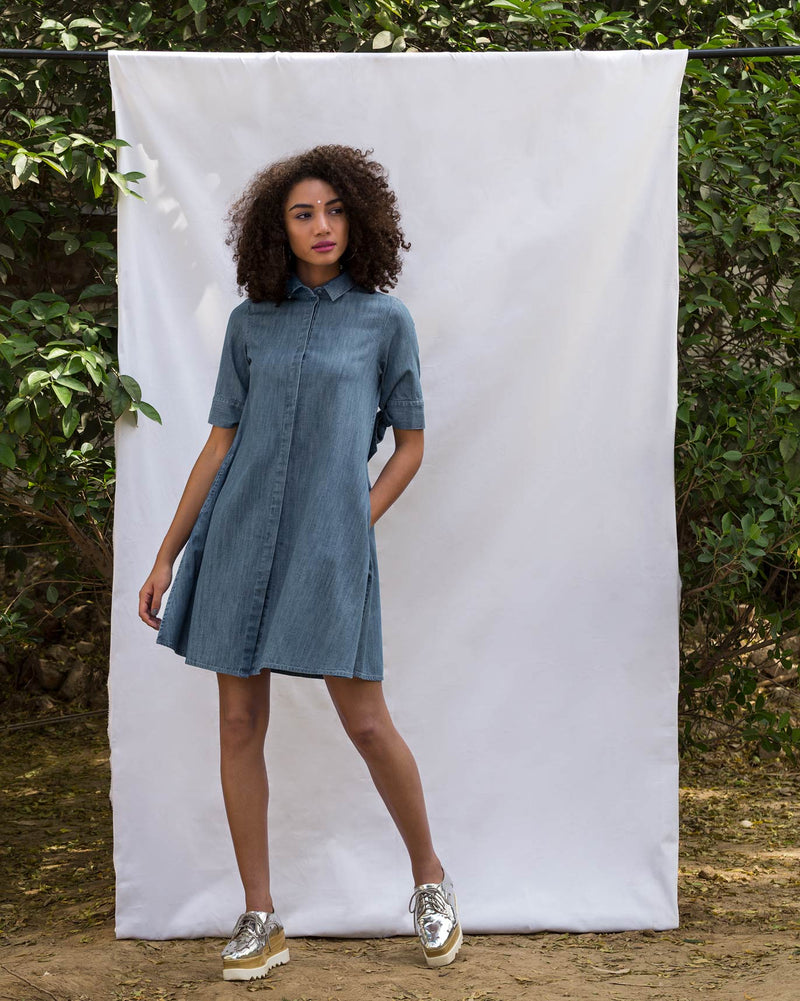 Bow Tie Shift Dress - Denim
