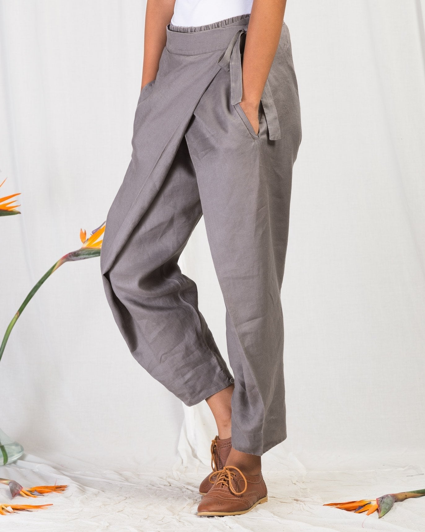 Overlap Tie Pants - Grey