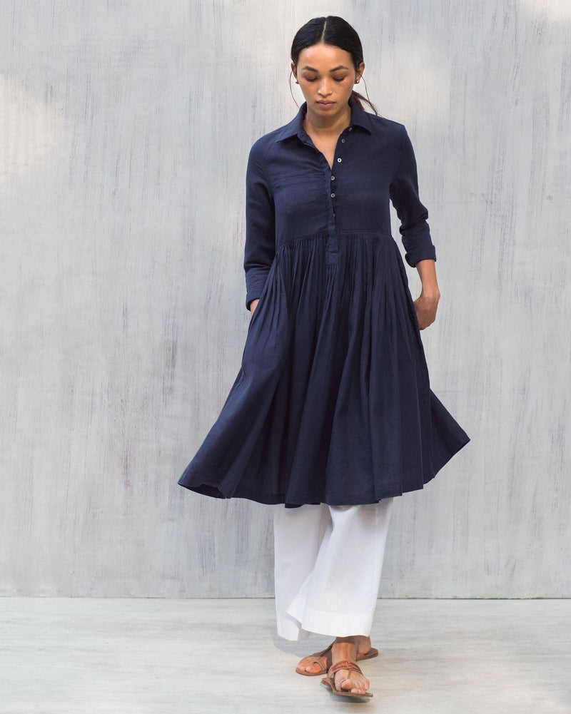 Pleated Shirt Dress - Blue
