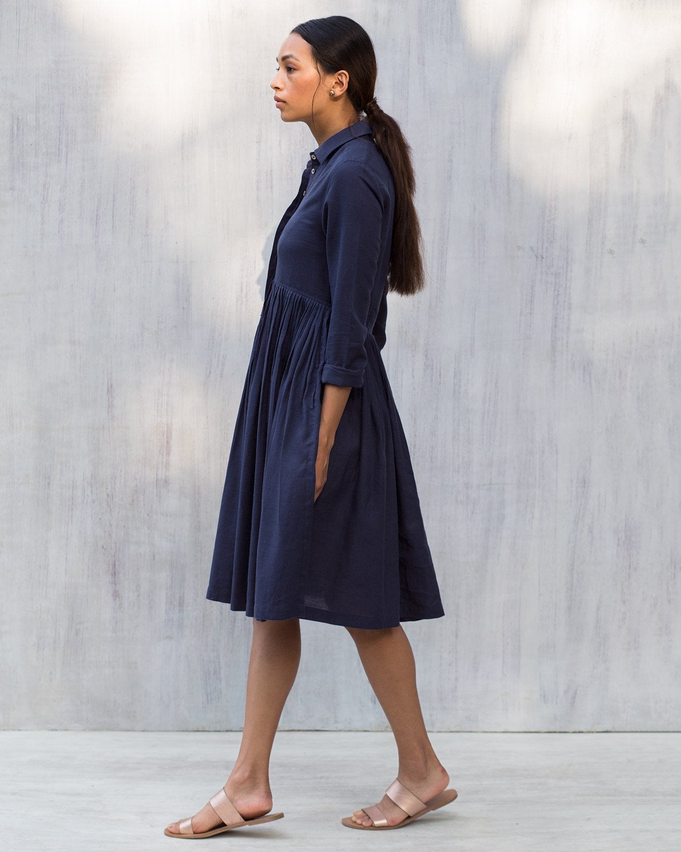 Pleated Shirt Dress - Blue
