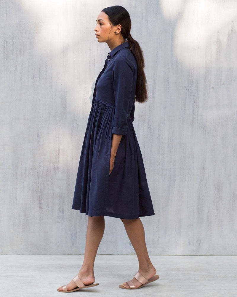 Pleated Shirt Dress - Blue