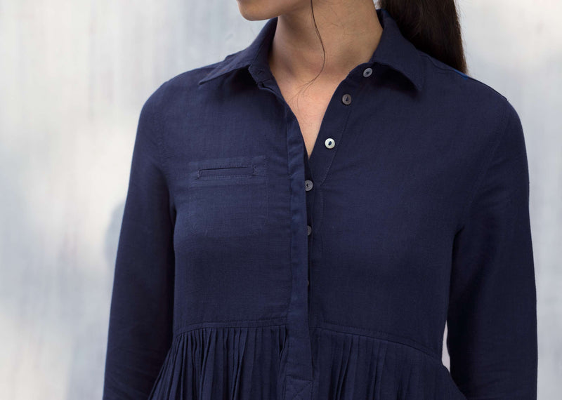 Pleated Shirt Dress - Blue