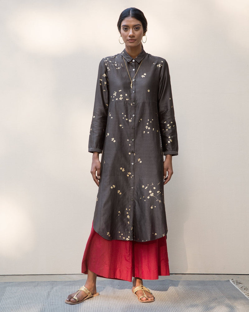 Band Collar Pristine Dress - Charcoal