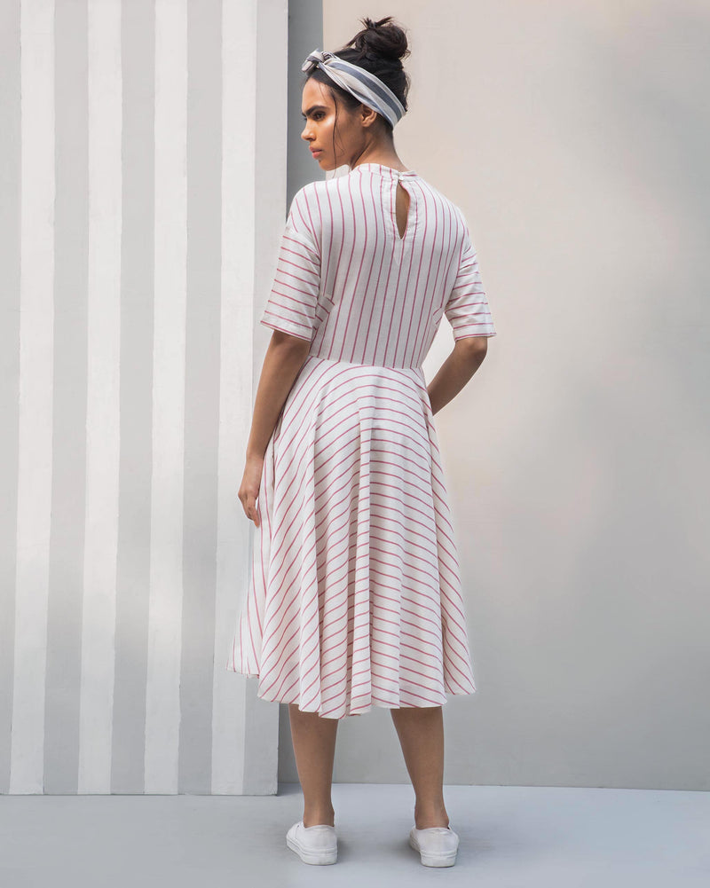 High Neck Stripe Dress - Red