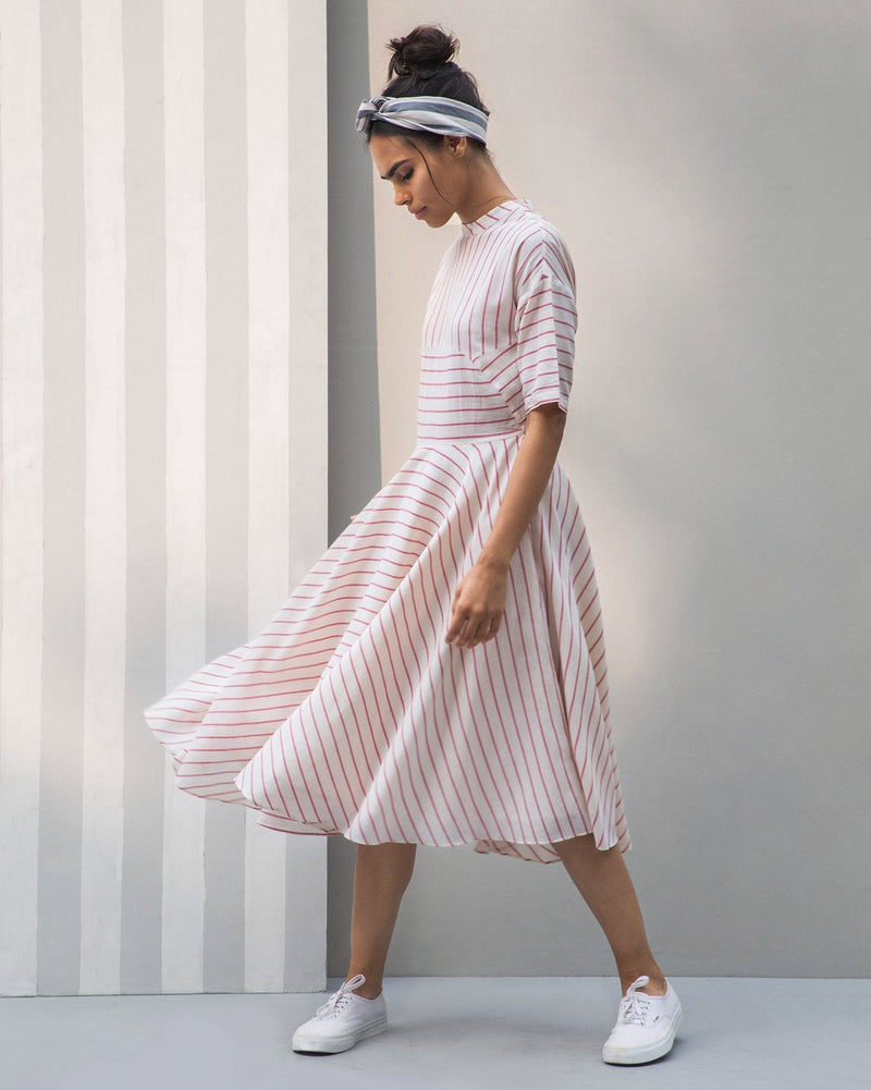 High Neck Stripe Dress - Red