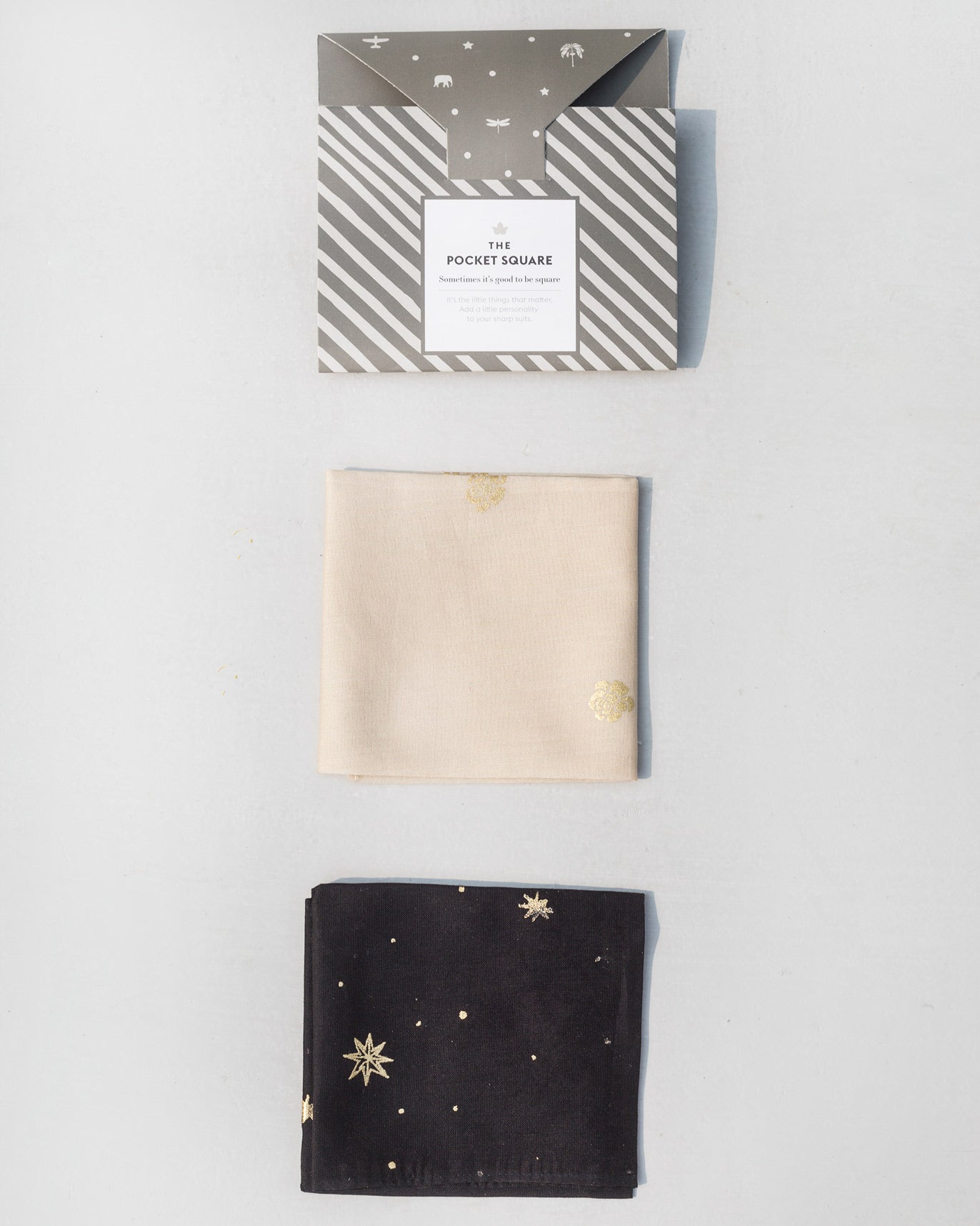 Peony & Stars Pocket Square - Ivory & Black(Set of 2)