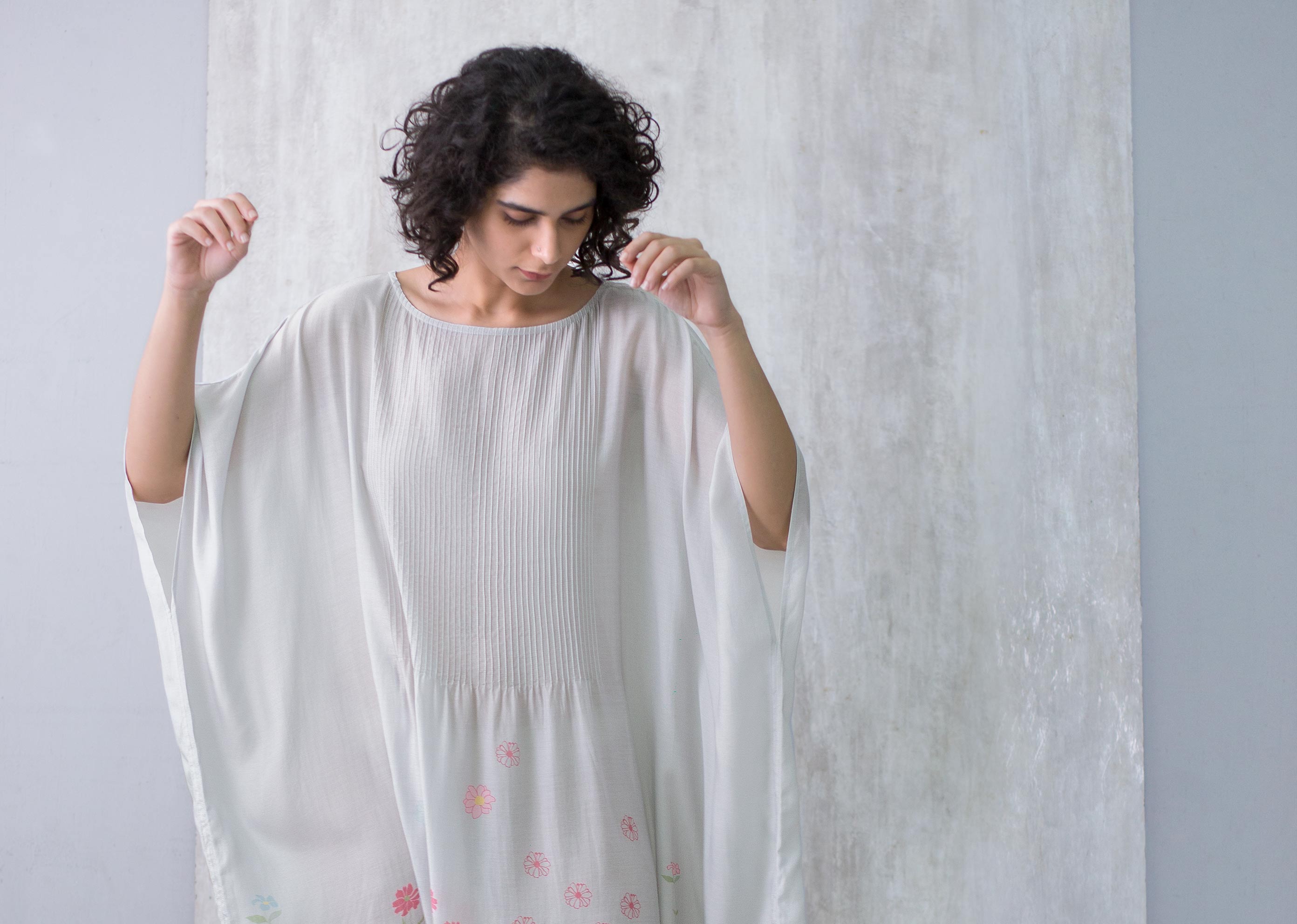 Pintuck Kaftan Floral Dress