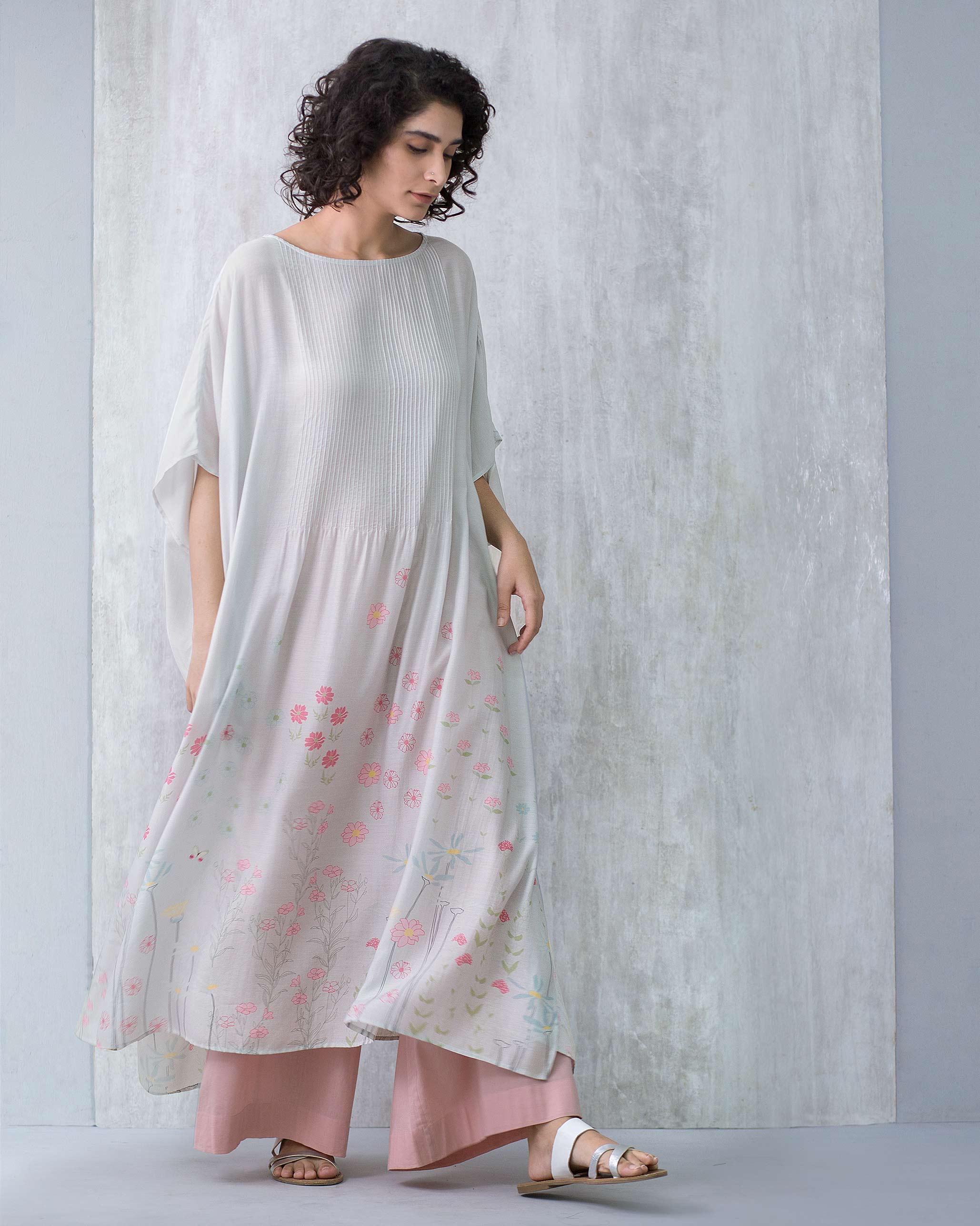 Pintuck Kaftan Floral Dress
