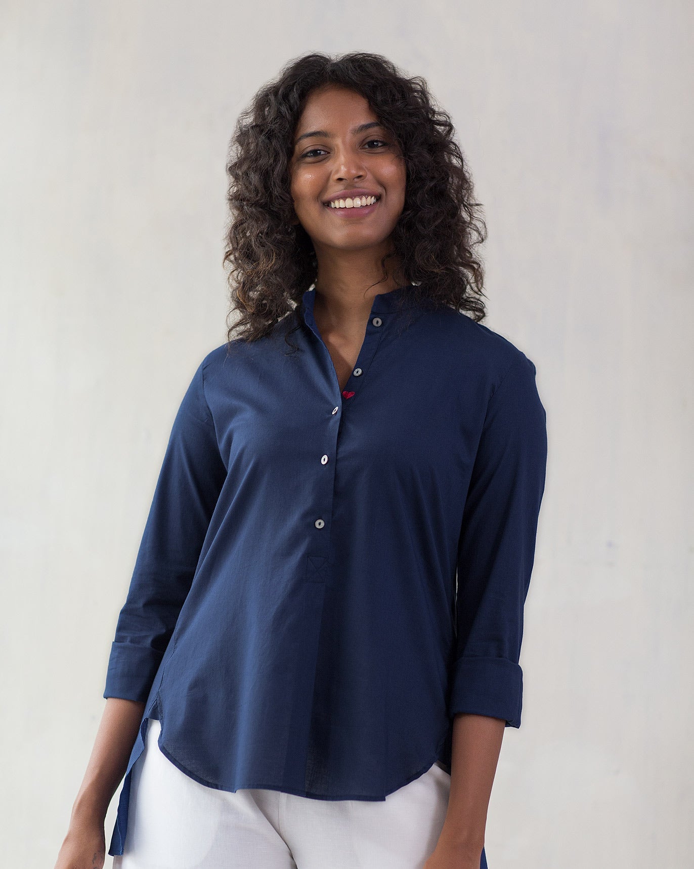 Mandarin Collar Top - Indigo