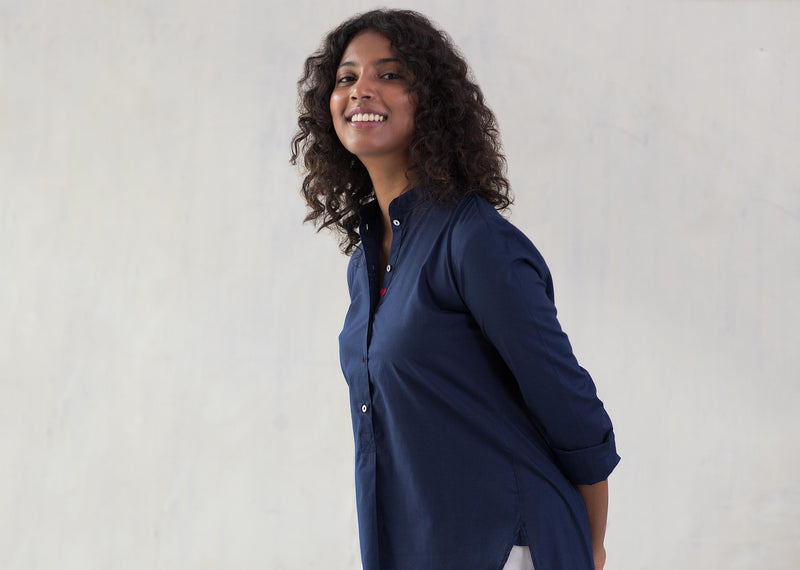 Mandarin Collar Top - Indigo