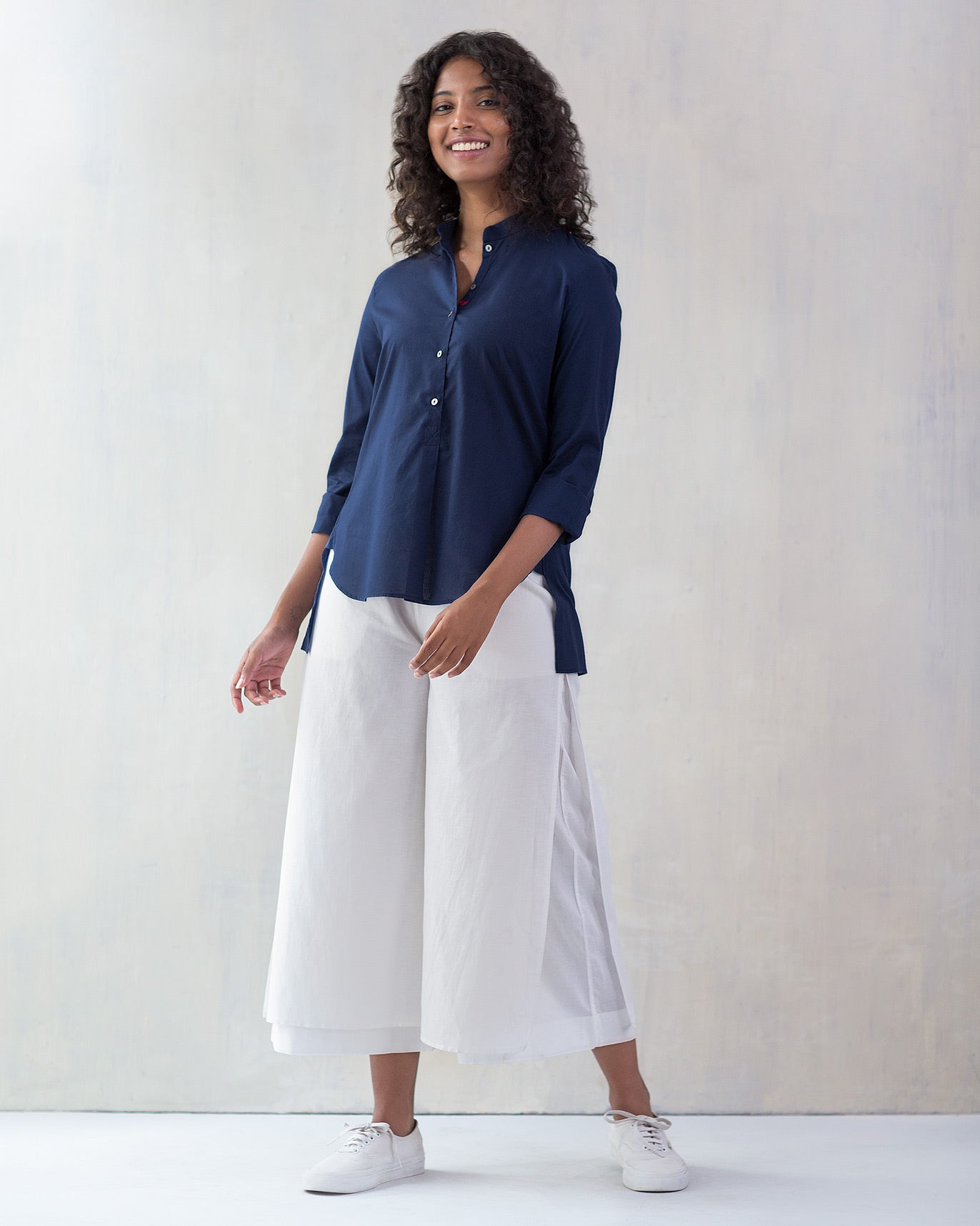 Mandarin Collar Top - Indigo