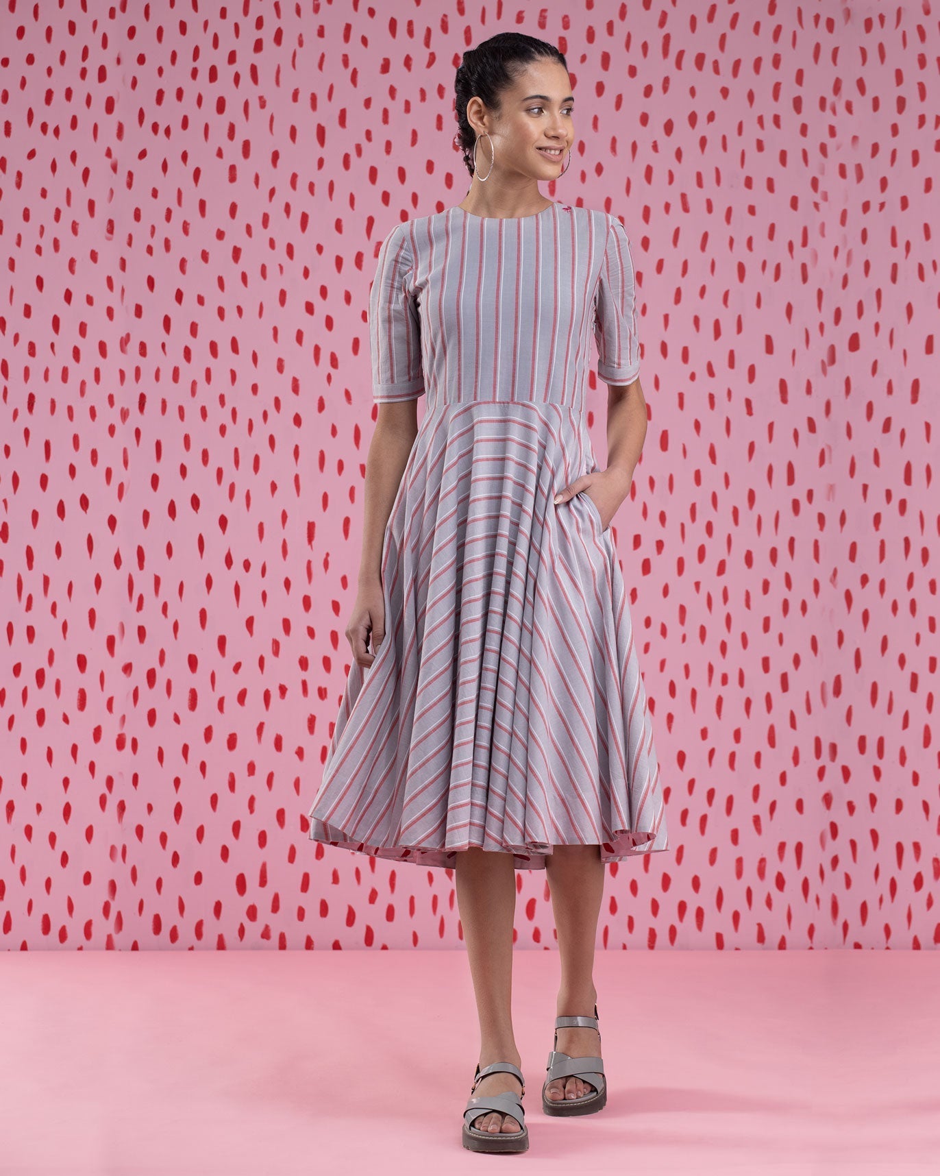 Flare Stripe Dress - Red & Grey