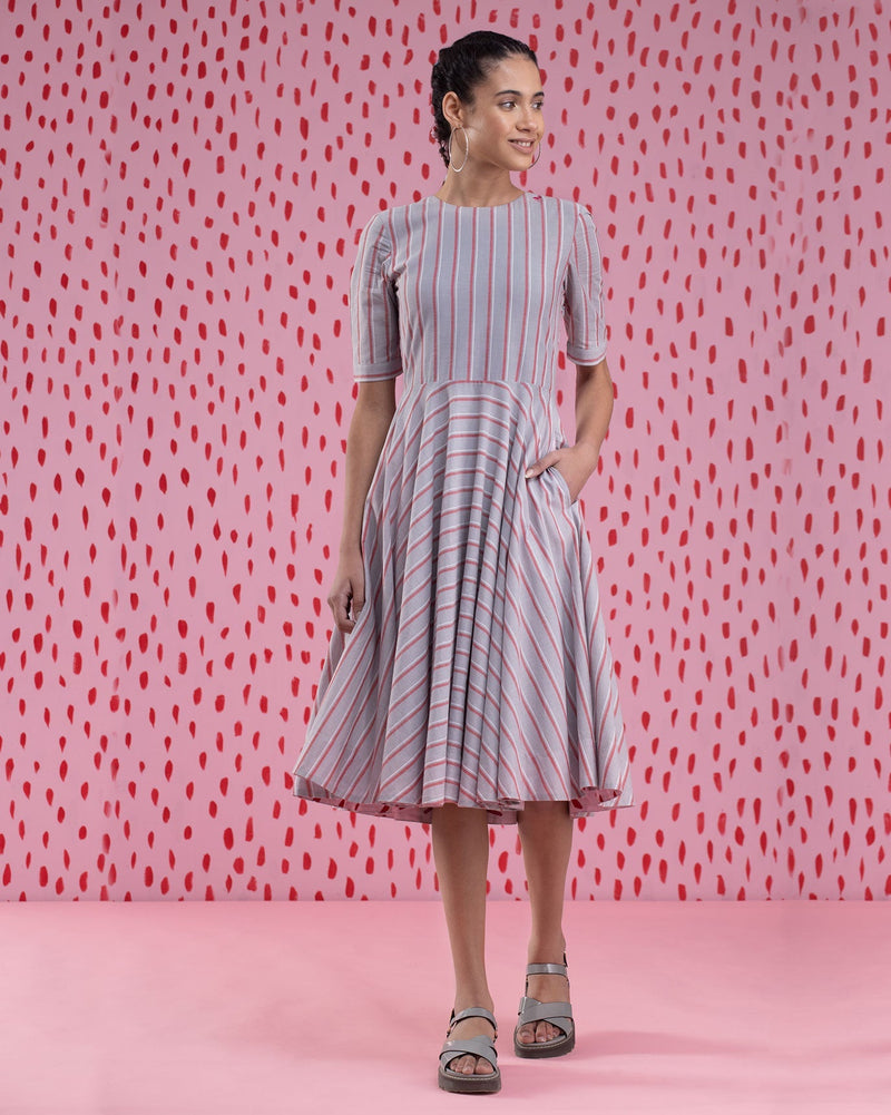 Flare Stripe Dress - Red & Grey