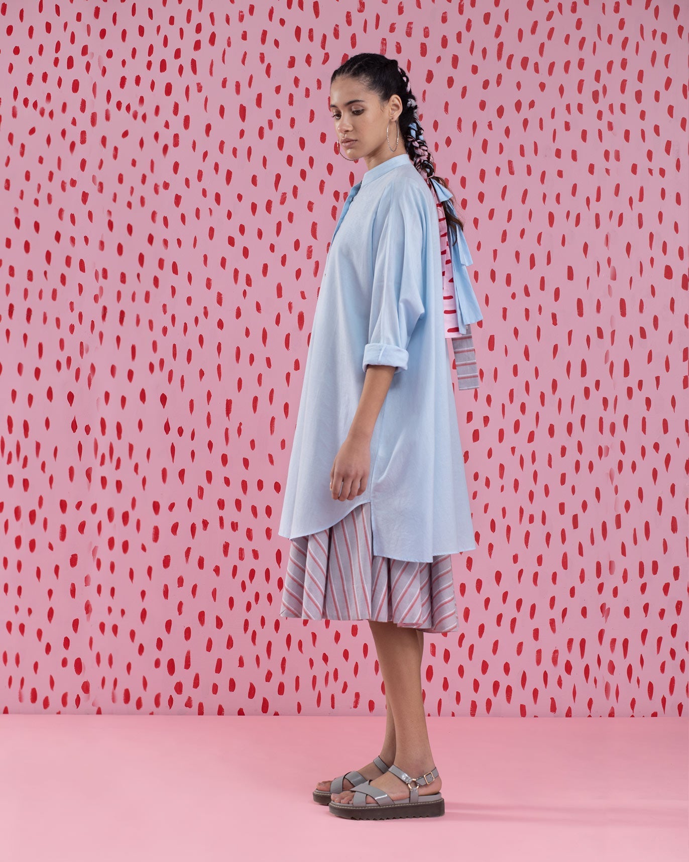 Flare Stripe Dress - Red & Grey