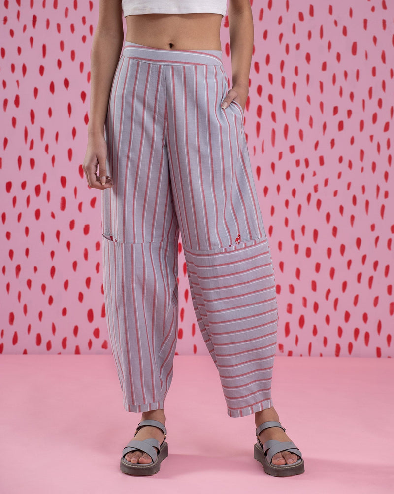 Knee Pocket Stripe Pants - Red & Grey