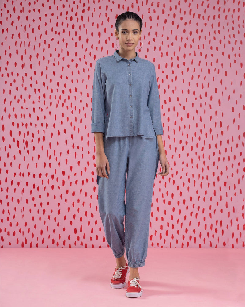 High-Low Placket Top - Blue