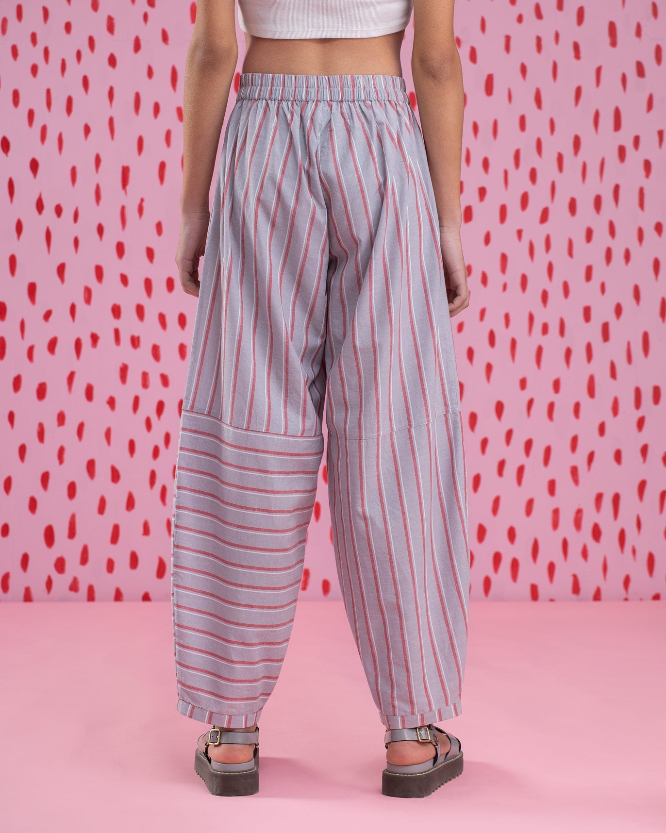 Knee Pocket Stripe Pants - Red & Grey