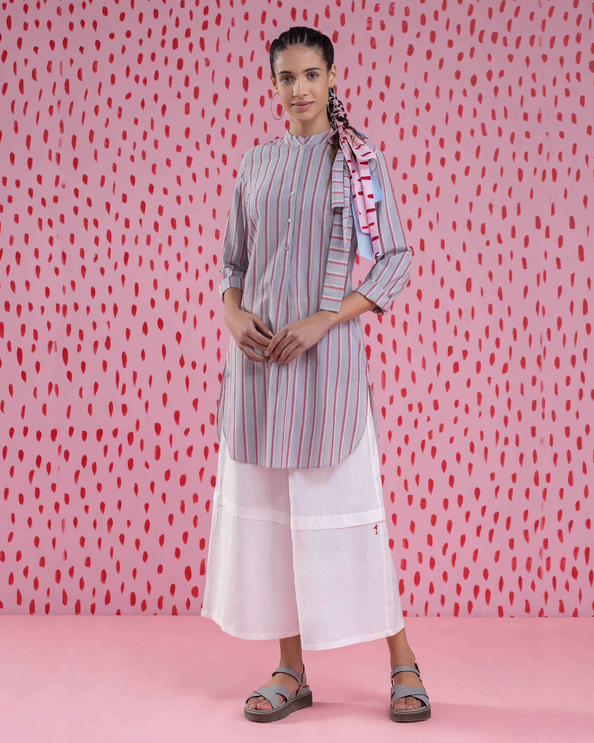 Basic Mid-Length Stripe Kurta - Red & Grey