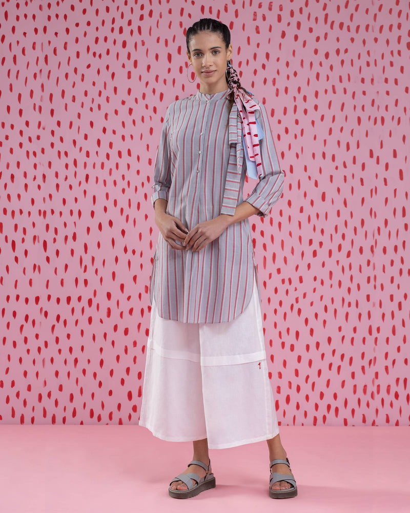 Basic Mid-Length Stripe Kurta - Red & Grey