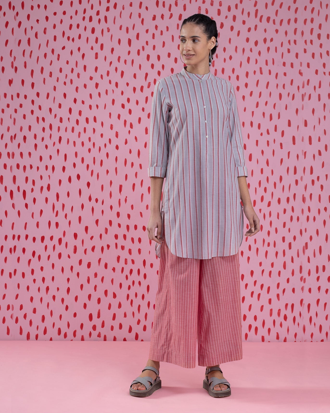 Basic Mid-Length Stripe Kurta - Red & Grey