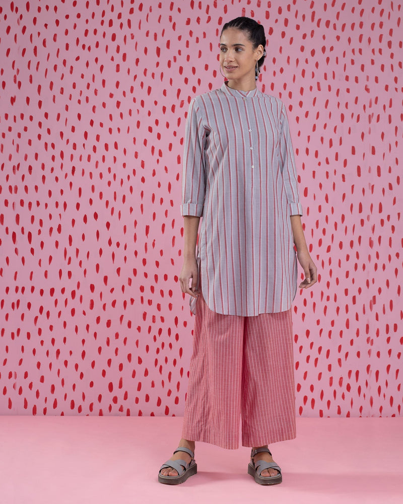 Basic Mid-Length Stripe Kurta - Red & Grey