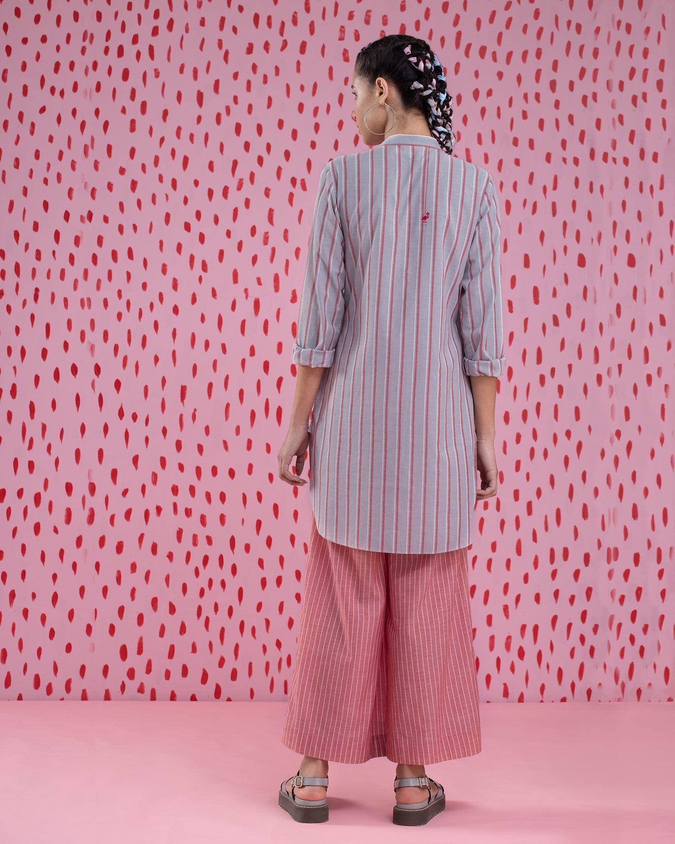 Basic Mid-Length Stripe Kurta - Red & Grey