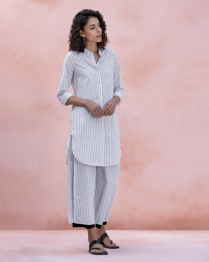 Mid-Length Stripe Kurta - Grey