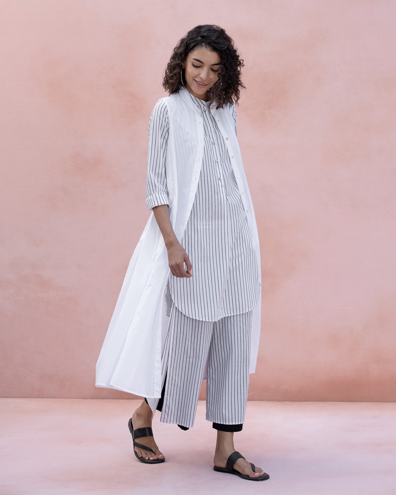 Mid-Length Stripe Kurta - Grey
