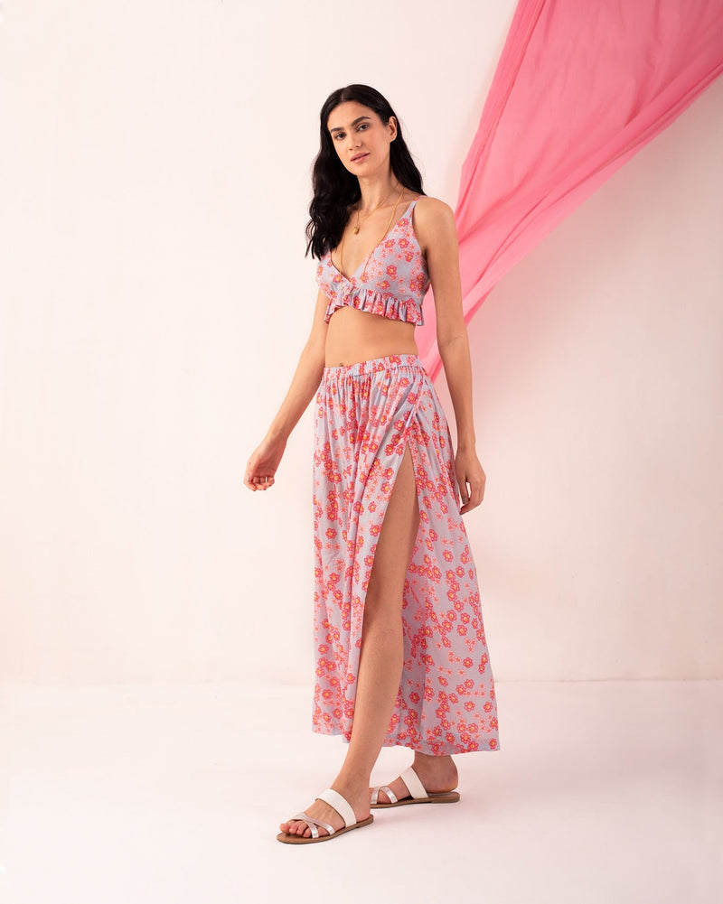 Bustier & High Slit Overlap Pants Set - Blue & Pink