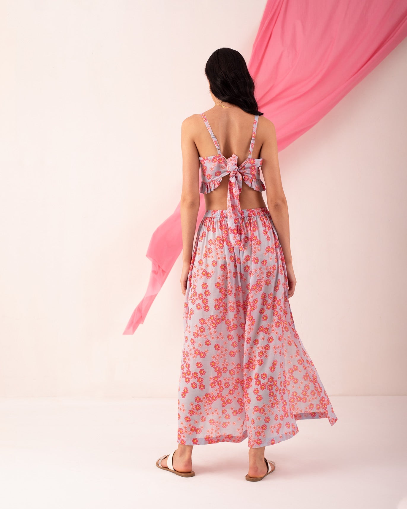 Bustier & High Slit Overlap Pants Set - Blue & Pink