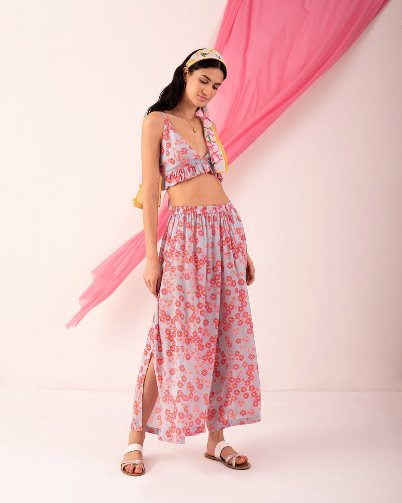 Bustier & High Slit Overlap Pants Set - Blue & Pink