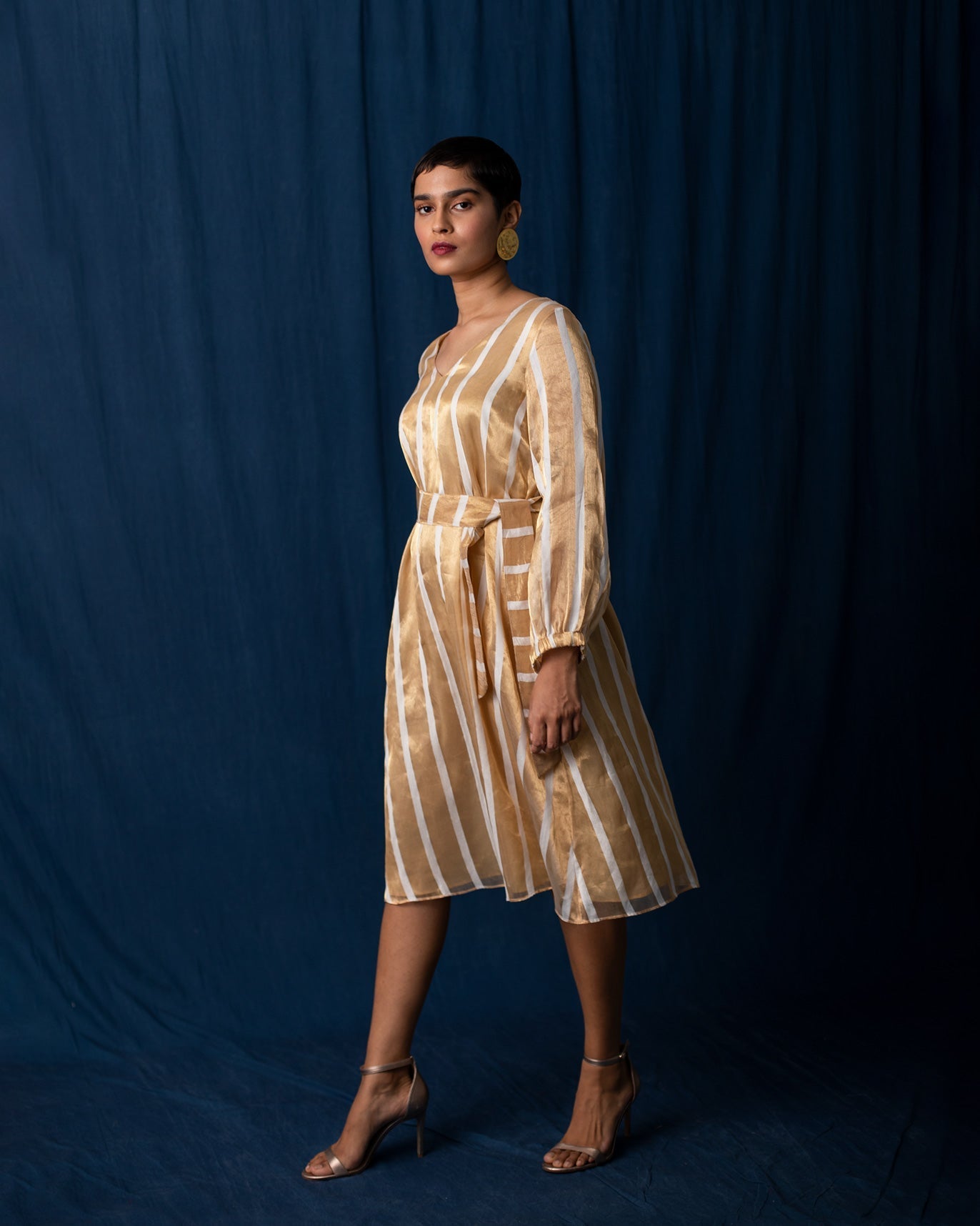 Belted Midi Dress - Ivory & Gold