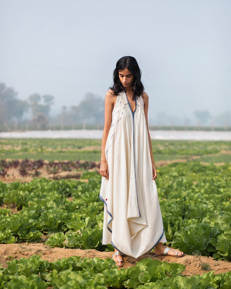 Halter Dress - Ivory & Blue