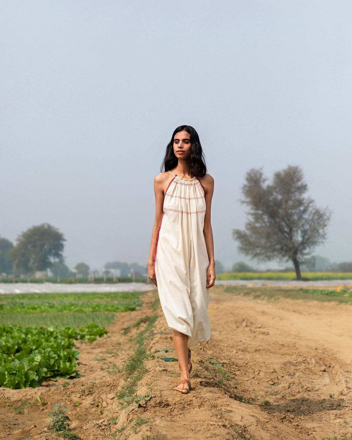 Gathered Neck Jumpsuit - Ivory & Red