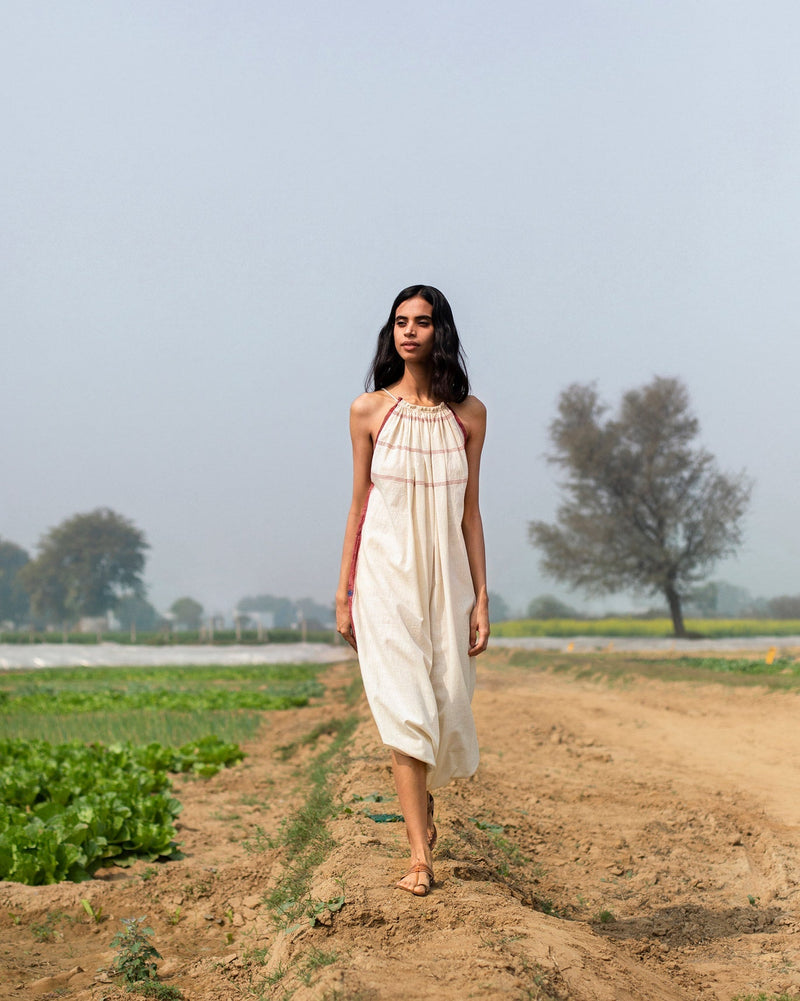 Gathered Neck Jumpsuit - Ivory & Red