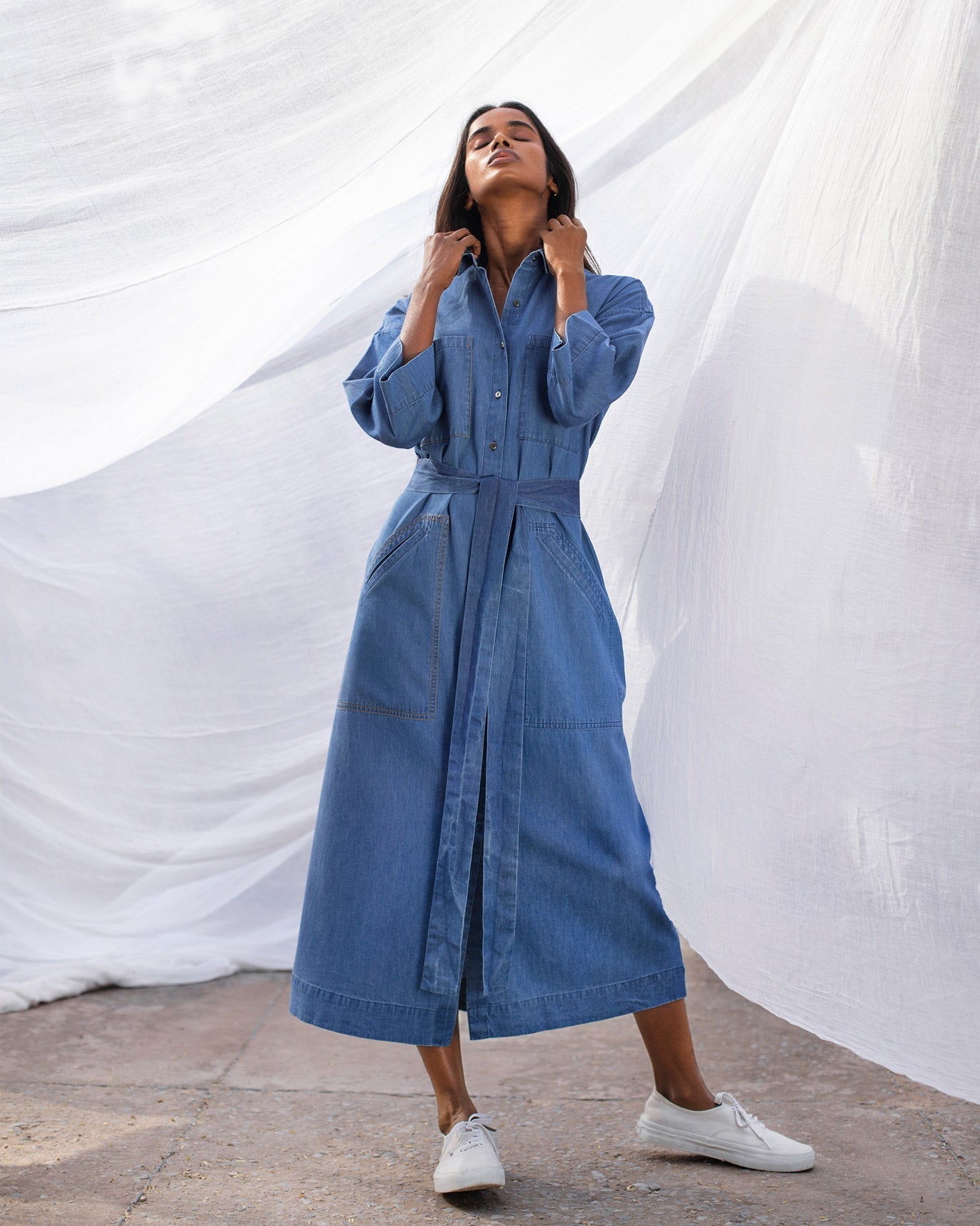 Longline Shirt Dress - Blue