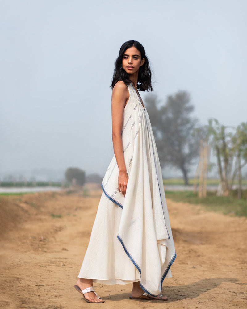 Halter Dress - Ivory & Blue