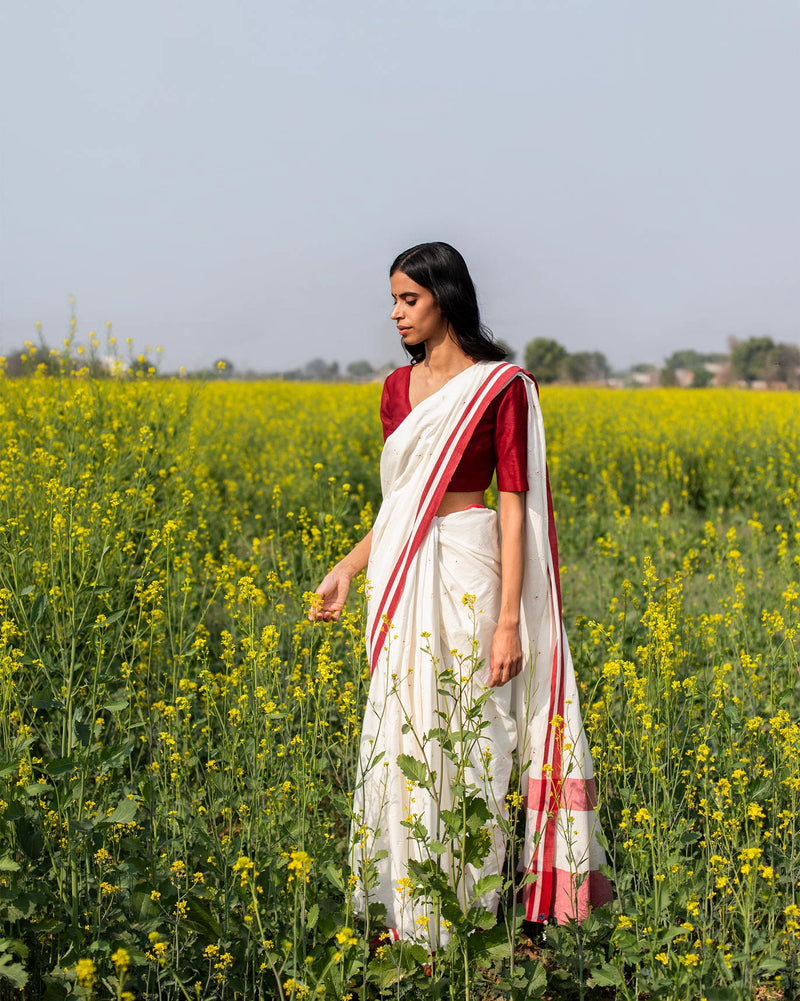 Mahi Sari - Ivory & Red