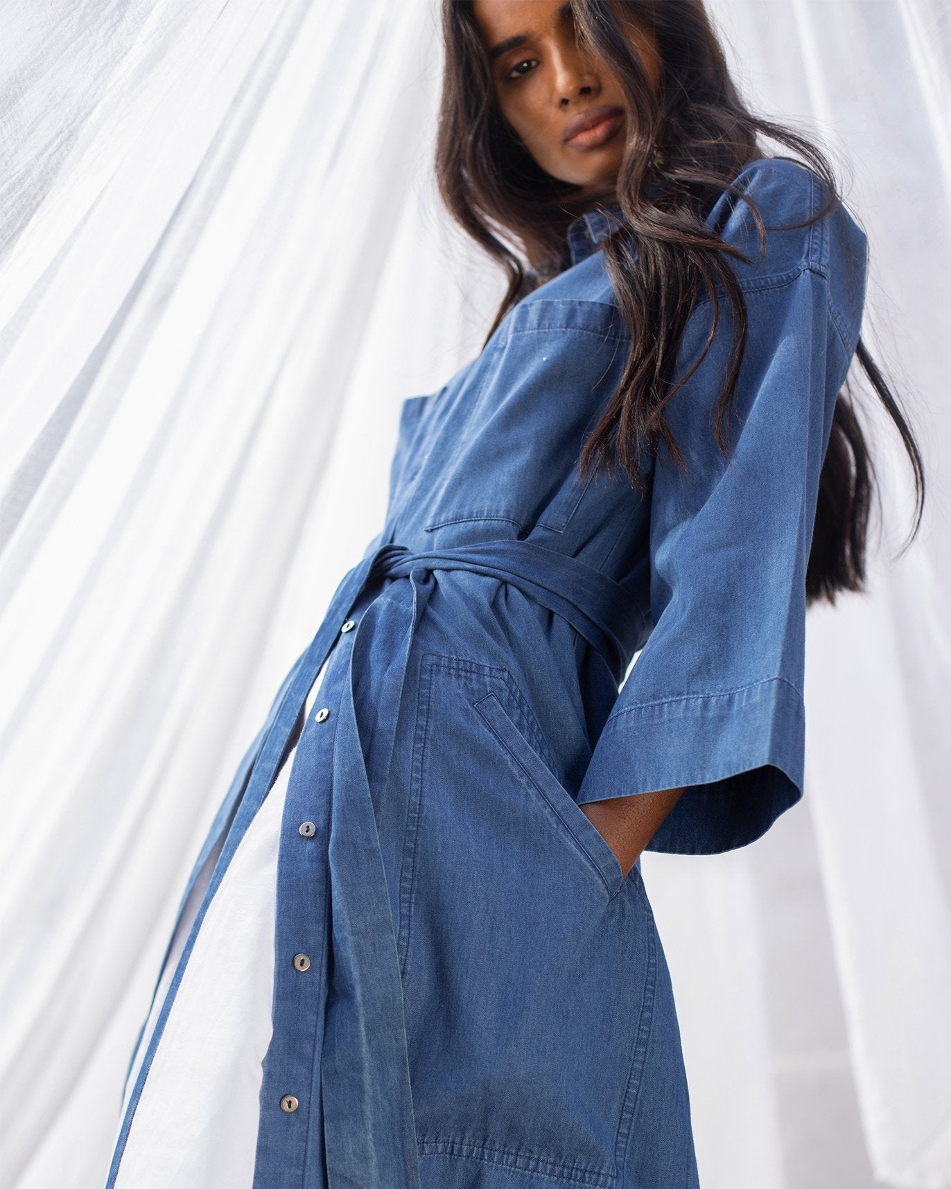 Longline Shirt Dress - Blue