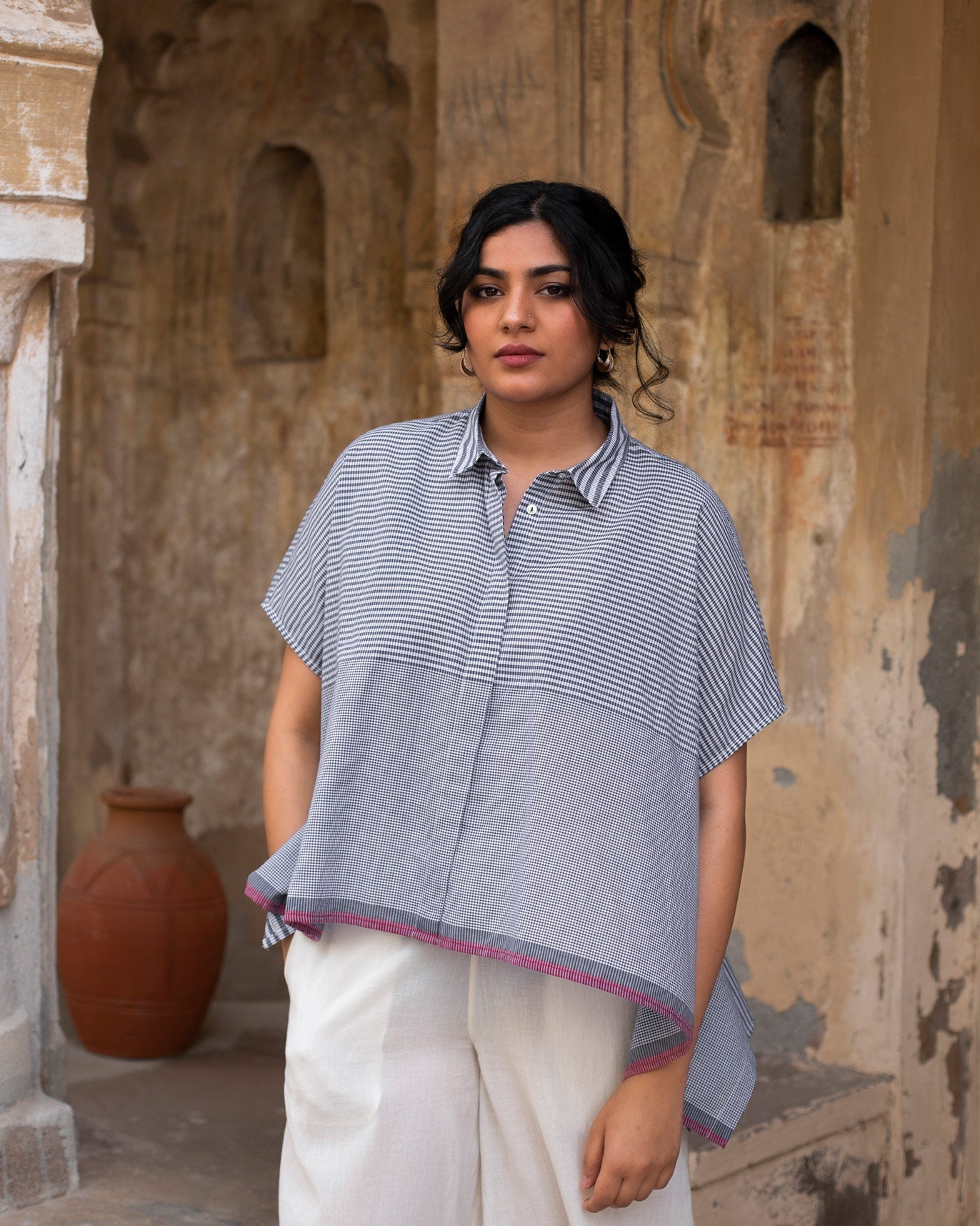 Asymmetrical Hem Top - Navy & Ivory