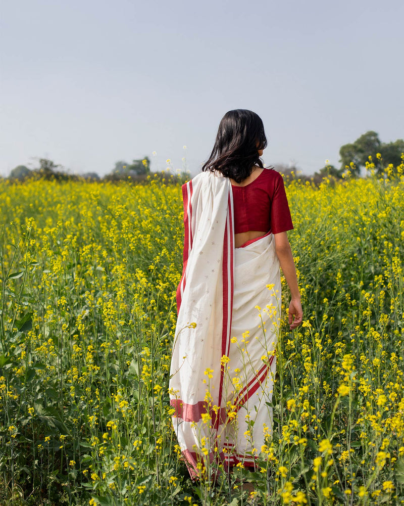 Mahi Sari - Ivory & Red