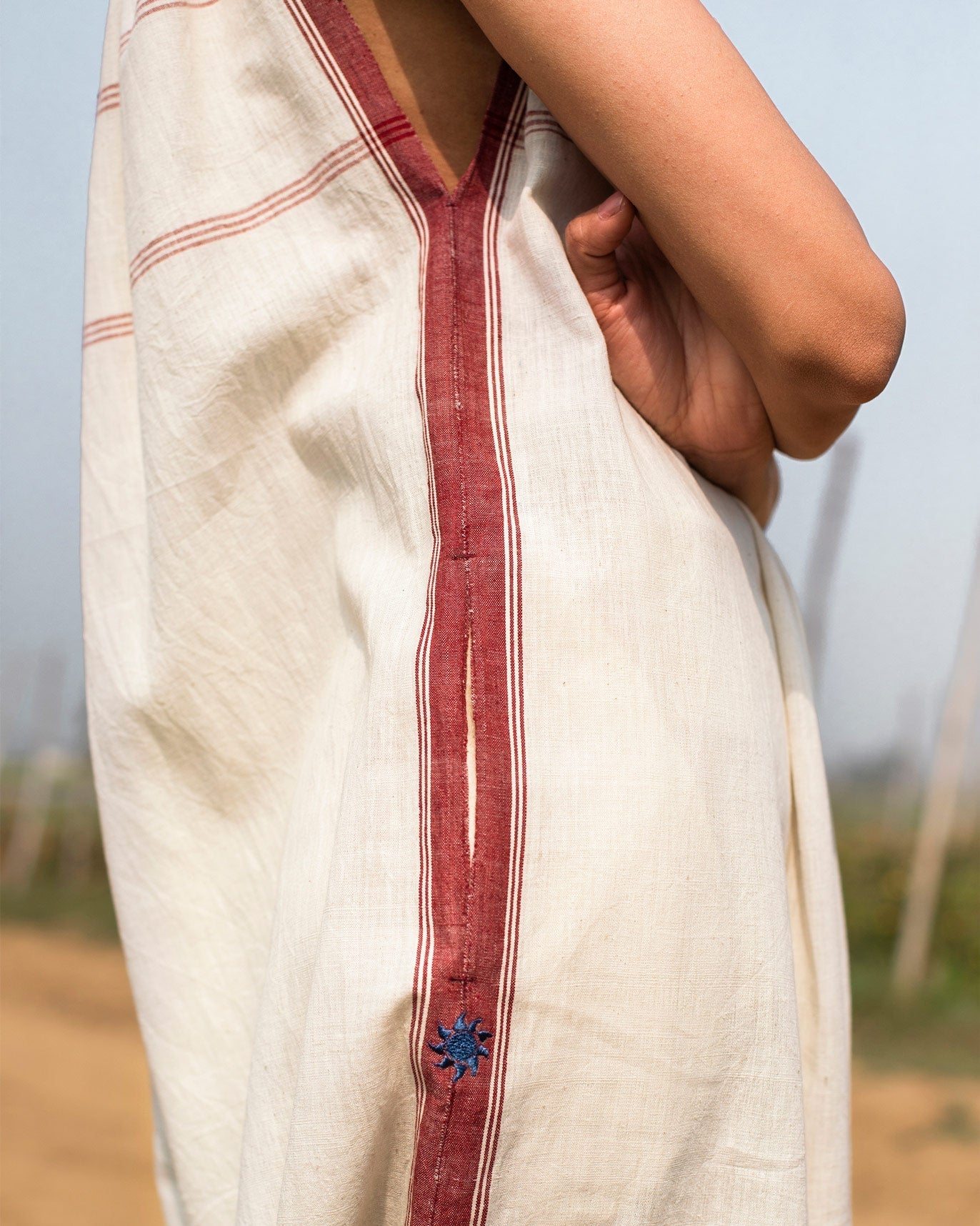 Gathered Neck Jumpsuit - Ivory & Red