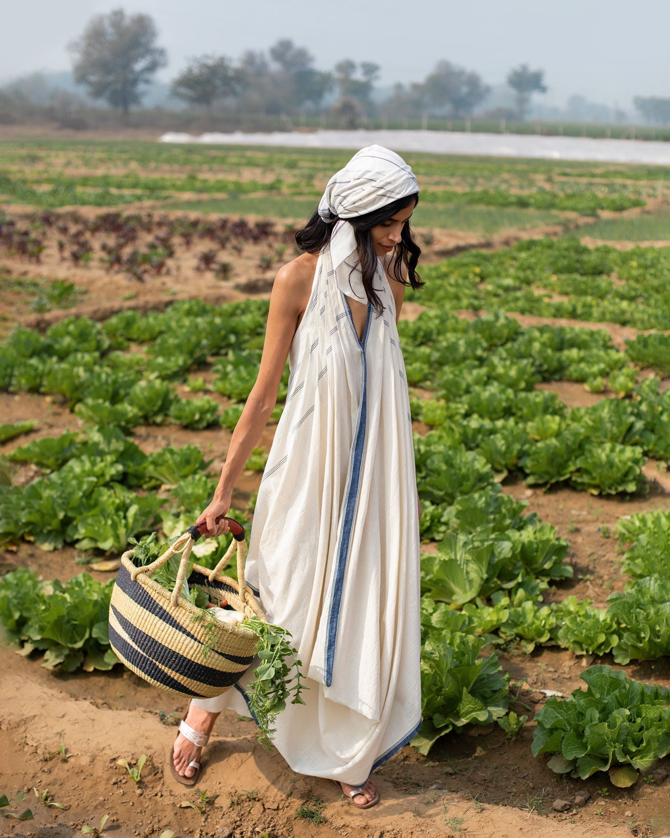 Halter Dress - Ivory & Blue